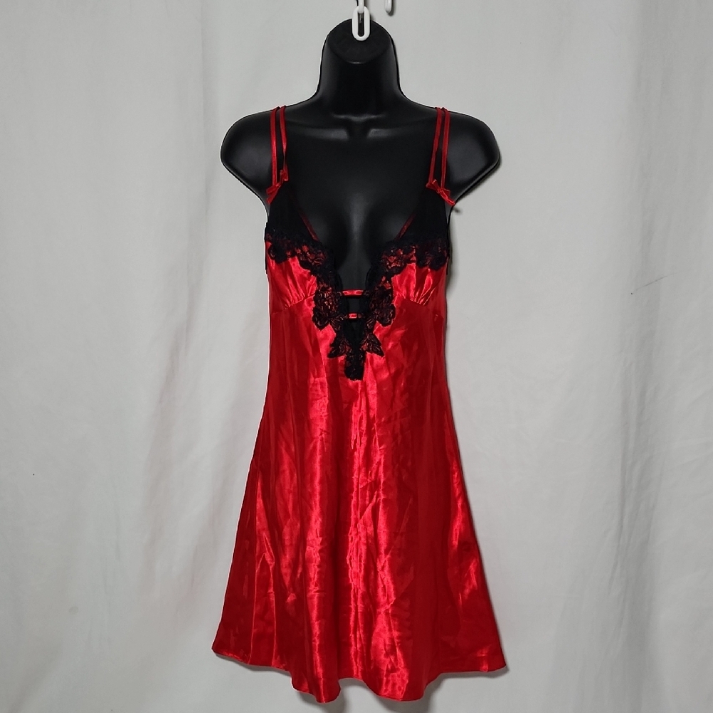 Source Unknown Red Satin Chemise with Black Lace